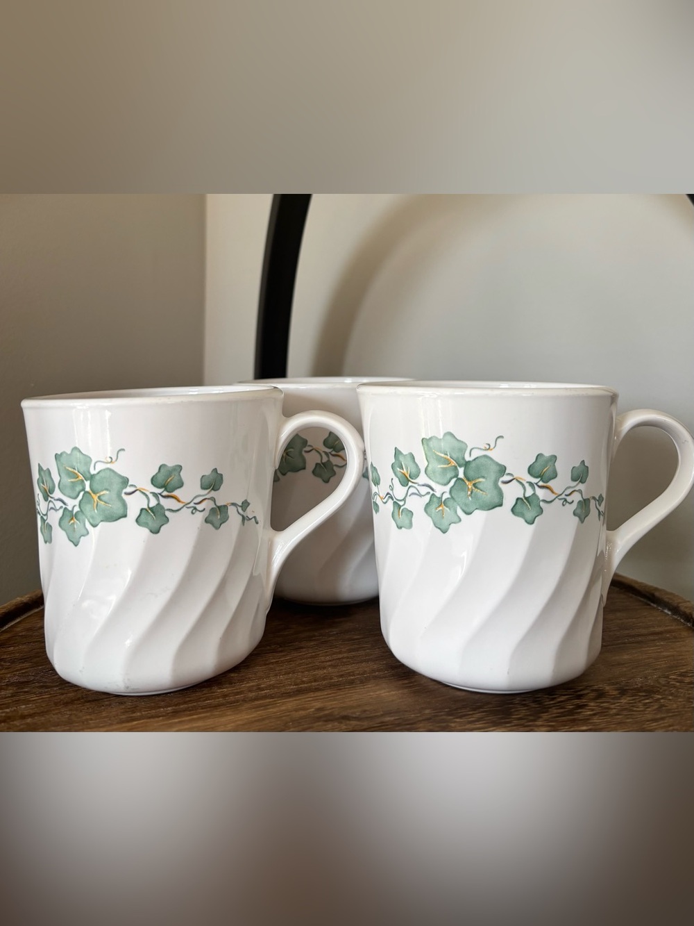 Vintage Corningware Mugs in Callaway Green Ivy pattern, set of 3